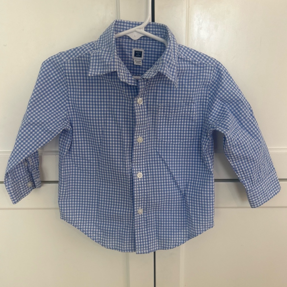 Janie & Jack Boys Blue and White Checked Button Down Shirt - Size 12-18 Months